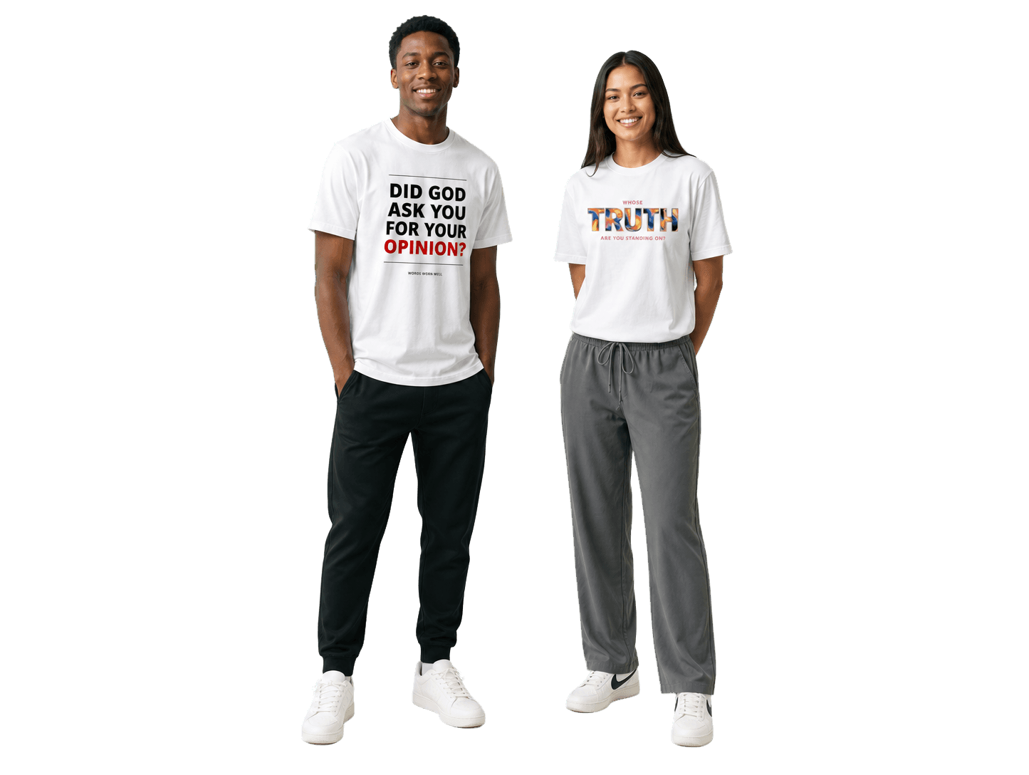 Two models wearing Words Worn Well shirts